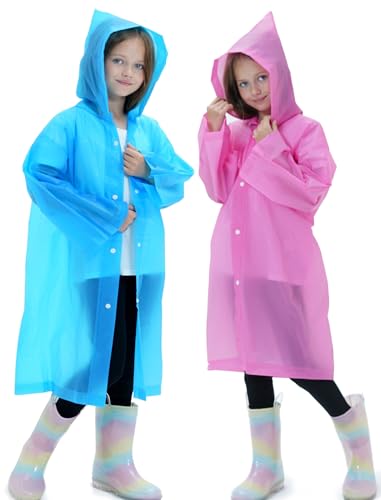 2 Pack Raincoats for Kids, Reusable Rain Ponchos with Hood and Sleeves Rain Coats for Boys and Girls - color: A-pink&blue