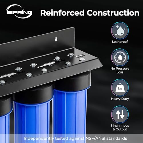 iSpring WGB32B-MKS+AHPF12MNPT16X2 3-Stage Whole House Water Filter System w/ 3/4'' Push-Fit Stainless Steel Hose Connectors, Reduces Iron, Hydrogen Sulfide, Lead, Chlorine, Chloramine, Manganese - style: Premium Iron & Manganese Removal