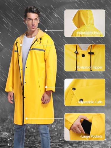 Mens Long Hooded Safety Rain Jacket Waterproof Emergency Raincoat Poncho - color: Yellow, size: Large