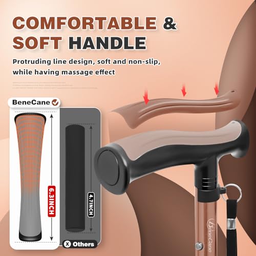 Walking Cane for Men & Women Walking Stick for Seniors Folding Canes Quad Cane Adjustable Lightweight Sturdy Collapsible Heavy Duty with Soft TPR T-Handle and Travel Bag - color: Brown