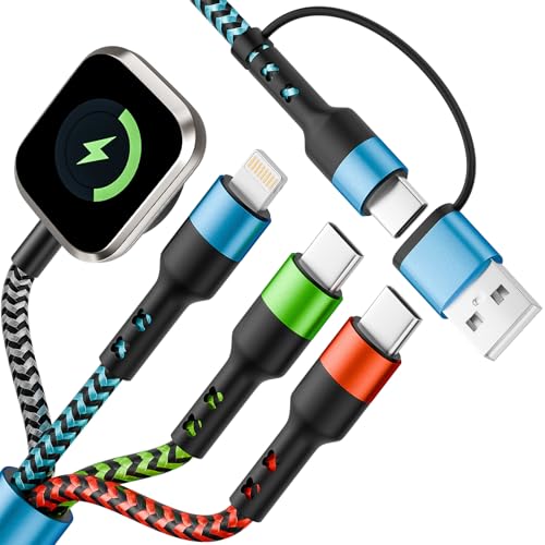 Travel Essentials 4 in 2 Multi Charging Cable for iWatch Charger, 1Pcs 5FT | Travel Charging Cords for Multiple Devices with Dual Type-C/IP/iWatch Charger, Travel Cable for iWatch Ultra/11-2, iPhone17-8 - color: Black&Blue