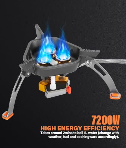WADEO 7200W Windproof Camp Stove, Camping Gas Stove with Piezo Ignition | Backpacking Stove, Portable Camping Stove for Outdoor Camping, Backpacking, with Two Fuel Canister Adapter, Carry Case
