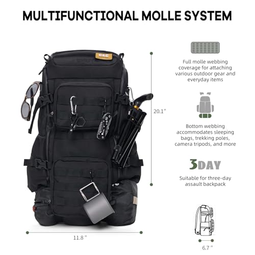 Timeet Tactical Backpack for Men, 20 Inch Black 45L Large Capacity, U-Shaped Wide Opening Molle Military Hiking 3 Day Assault Pack, Water Resistant - color: Black