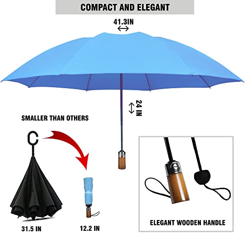 Raintrend Windproof Travel Umbrellas for Rain Automatic +10% Bigger Canopy Strong Frame Compact Folding Portable Umbrella for Women Men Backpack Purse - color: Y Sky Blue