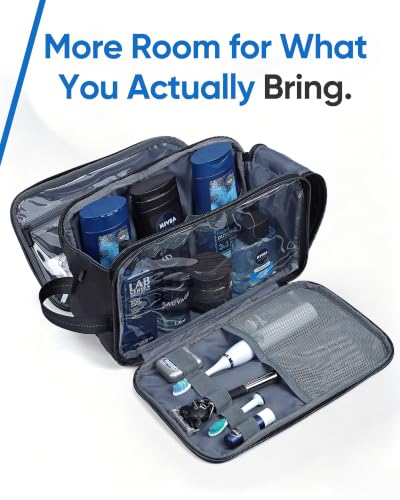ZEEMO Travel Toiletry Bag for Men, Full Open Dopp Kit with Dual Compartment | Double-sided storage and water-resistant fabric for Shower and Hygiene Accessories,Bathroom Essentials,Cosmetics,Black,Large