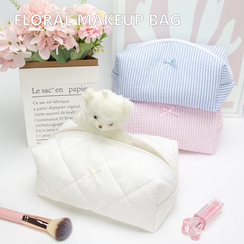Cozy Makeup Bag for Women,Zipper Cosmetic Pouch,Embroidery White,2 Pack - color: Embroidery White