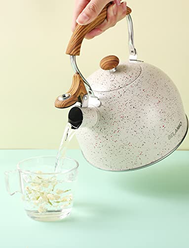Tea Kettle, BELANKO 85 OZ / 2.5 Liter Whistling Tea Kettle, Tea Pots for Stove Top Food Grade Stainless Steel with Wood Pattern Folding Handle, Loud Whistle Kettle for Tea, Coffee, Milk - Cream White - color: Starry White