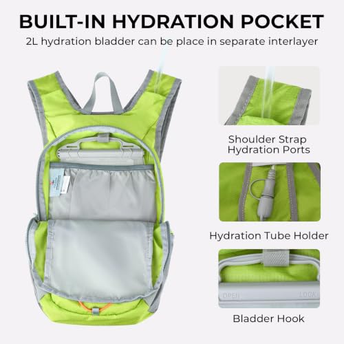 14L Small Hiking Backpack, Packable Travel Daypack for Men Women | Lightweight, Quick-Access Phone Pocket, Breathable, Water Resistant, Adjustable Straps, Emergency Whistle, Commuting Cycling - color: Green