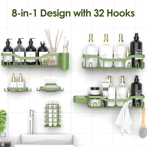 NESOMI Shower Caddy Adhesive Shower Organizer 8-Pack, Rustproof Stainless Steel Bathroom Shelves, Large Capacity No-Drill Rack Storage Accessories with Soap Dish Toothbrush Holder Hooks - color: Green, size: 8-Piece Set