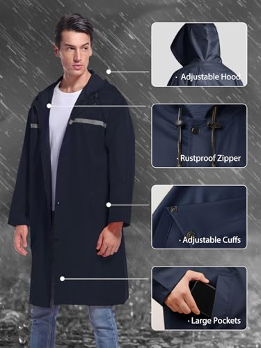 Mens Long Hooded Safety Rain Jacket Waterproof Emergency Raincoat Poncho - color: Navy, size: XX-Large