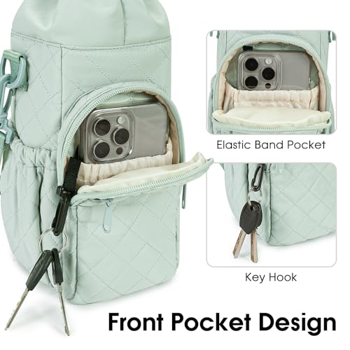sportsnew 40oz Insulated Crossbody Water Bottle Bag Gym Hiking Phone Pocket | Water-resistant Lining, Padded Strap, Top Handle, Drawstring, Phone Pocket, Elastic Slots, Built-In Key Clip for Gym Walking - color: Quilt Green