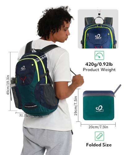 WATERFLY Lightweight Packable Hiking Backpack, 30L Day Pack | Foldable, Water Resistant Travel Daypack with Multiple Pockets, Wet Pocket, Ultralight Day Pack for Woman Man, Everyday Carry - color: Green & Yellow