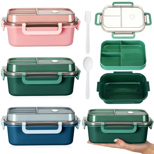 Hushee 3 Pack 42 oz Bento Lunch Box 2 Layers 3 Compartments Bento Plastic Box for Adults, Microwave Dishwasher and Freezer Safe Lunch Snack Containers and Cutlery for Travel, Back to School, Office