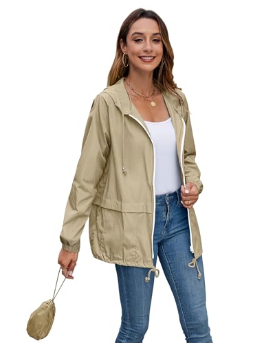 Hount Women Rain Jacket Lightweight Waterproof Packable Raincoat with Hood - color: Beige, size: XX-Large