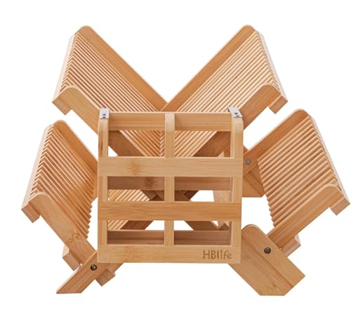 HBlife Bamboo Dish Drying Rack with Utensils Flatware Holder Set, 3-Tier Large Folding Drying Holder for Kitchen Counter, Collapsible Drainer - color: Bamboo-3 Tiers