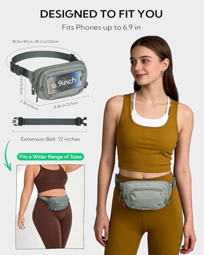 WATERFLY Small RFID Fanny Pack: 1.5L Waist Bag 12" Extender Belt for Hiking - color: Grey