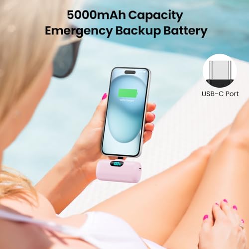 Mini Portable Charger USB C Power Bank,Upgraded 5000mAh PD Fast Charging Battery Pack Built-in USB-C Connector Travel Essential for iPhone17/17Pro/17Pro Max/Air/16 Plus/16Pro Max/15 Series,Android etc - color: Pink