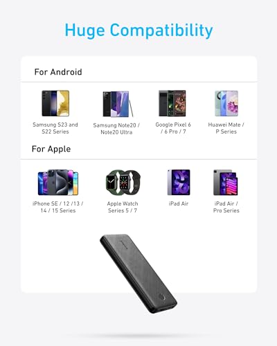 Anker Power Bank, 10,000mAh Portable Charger, PowerIQ USB-C Battery Pack | 5V / 3A High-Speed Charging, for iPhone, iPad, and More, Ultra-Compact Travel-Ready Design (Black) - color: Black
