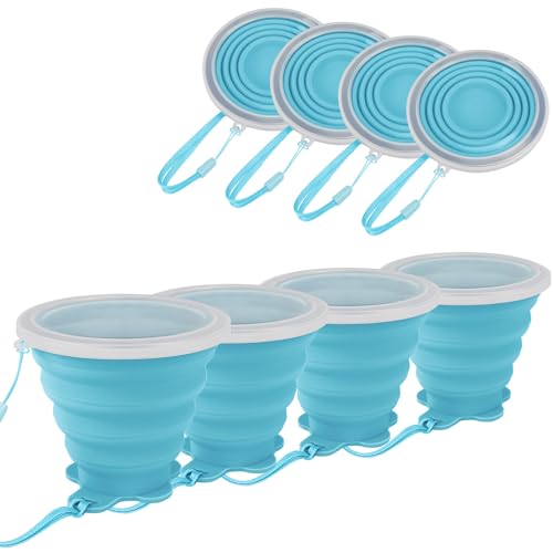 JBER Silicone Collapsible Travel Cup, 4 Pack Silicone Folding Camping Cup with Lids Expandable Drinking Cup Set BPA Free Reusable Portable Graduated for Outdoor Hiking Travel - color: 4 Pack-Blue