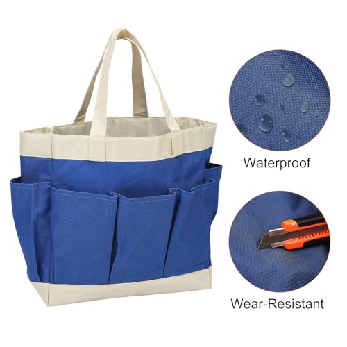 HARFINGTON Garden Tool Bag 11.2" x 5" x 11" Large Oxford Waterproof with Pockets Garden Tote Bag Gardening Plant Tool Organizer Storage Carrier Store for Outdoor Women Men, Blue - color: Blue