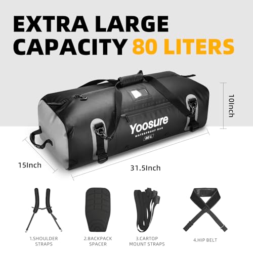 80 lt Waterproof Duffel Bag Motorcycle Dry Bag Backpack, Waterproof Zippered Bags with Backpack Spacer Pad for Kayaking Rafting Boating Canoeing Camping Paddle Beach (Black) - color: Black