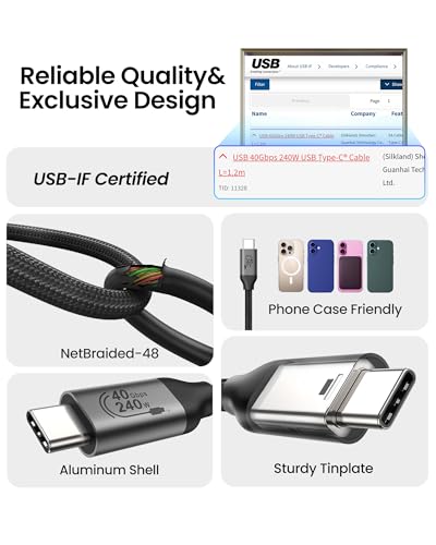 Silkland 40Gbps USB 4 for Thunderbolt 4 Cable 4FT, 240W PD3.1, 8K/Dual 4K | USB-IF Certified, Braided USB C Data Cable Compatible for SSD, MacBook, iPhone 17/16, iPad, Dock - size: 4FT