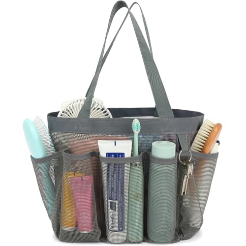 Fammart Mesh Shower Caddy Portable for College Dorm Room Essentials, Odorless Polyester Large Shower Tote Bag with Dual Handles, 8-Pocket Quick-Dry Toiletry Organizer for Travel, Beach, Camping, Gym - color: Multiple Pockets, 1 Pack - Grey