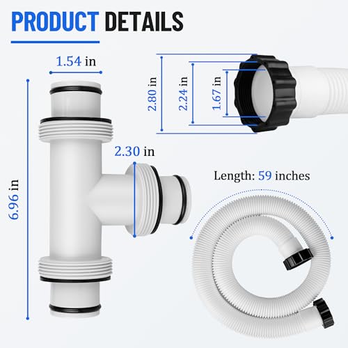 1.5" to 1.5" T-Shaped Pool Hose Connector Kit with 3 x 59" Long Replacement Hoses - Pool Hose Adapter for Intex & Coleman Above Ground Pool Filter Pumps, Sand Filters, and Saltwater Systems (white)