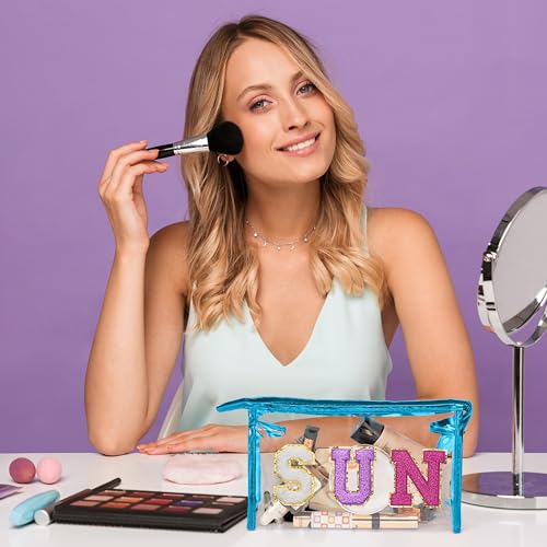 Y1tvei Clear SUN Makeup Bag - Preppy Purple SUN Chenille Varsity Letter Cosmetic Bag PVC Transparent Zipper Waterproof Beach Makeup Carry Pouch Portable Travel Toiletry Organizer for Women(Blue) - color: Purple SUN Blue
