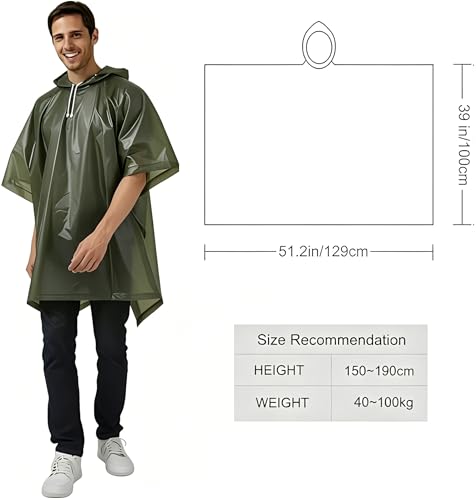 UPSEN Rain Ponchos for Adults, 2 Pcs Reusable Raincoats Coats Jackets Emergency for Women Men with Hood - color: 1 Grey+1 Green