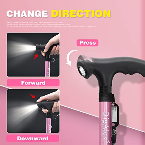 BigAlex Folding Walking Cane with LED Light,Pivoting Quad Base,Adjustable Walking Stick with Carrying Bag for Man/Woman (Alloy Base) - color: Pink(30"-35")