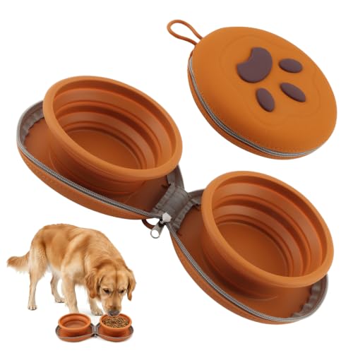 Collapsible Dog Bowl, 2 in 1 Silicone Double Food & Water Bowl with Carabiner Clip, Textured Non-Slip Bottom, Separate Dual Compartments, Dishwasher Microwave and Freezer Safe, for Dogs Cats Travel