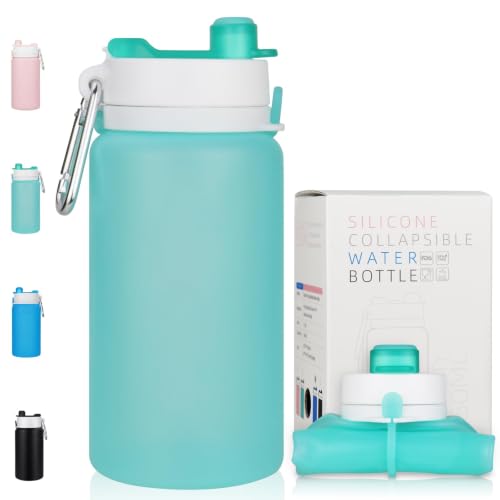 PLTCAT Collapsible Water Bottles, 19oz Foldable Silicone Travel Bottles | BPA-Free Silicone, Leak-Proof Lids, Dishwasher Safe, Carabiner Clips, Compact Roll-Up Design - color: Green
