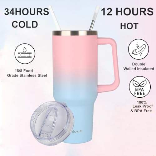 40oz Travel Tumbler with Handle and Straw, Water Bottle with Carrier Bag - color: Pink/blue