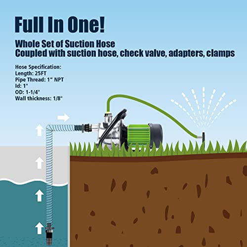 Green Expert 1" ID Inlet Hose Kit with End Valve and Threaded Adapter, 25-Foot Transparent PVC Pipe for Shallow Well Pumps Booster system Water Intake, All-in-One Easy Installation Pump Accessory - size: 25FT