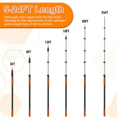 SISUPASSIE Telescoping Extension Pole, Reach to 30FT Telescoping Pole Multi-Purpose 5-24FT Lightweight, Sturdy with Universal Twist-on Metal Tip Extendable for Dusting Painting Window Cleaning - size: 24FT