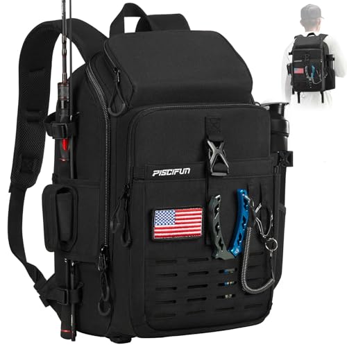 Piscifun Fishing Tackle Backpack, Rod & Gear Holder, Water-Resistant | 20L storage, breathable padding & adjustable shoulder straps, MOLLE panel, Black - color: Black, size: Large