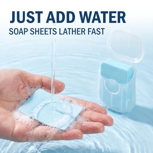 50Pcs Blue Portable Soap Sheets, Mini Portable Travel Soap Paper Sheets Disposable Water Soluble Hand Washing Bath Scented Paper Camping and Shampoo for Outdoor, Camping Hiking Personal Care