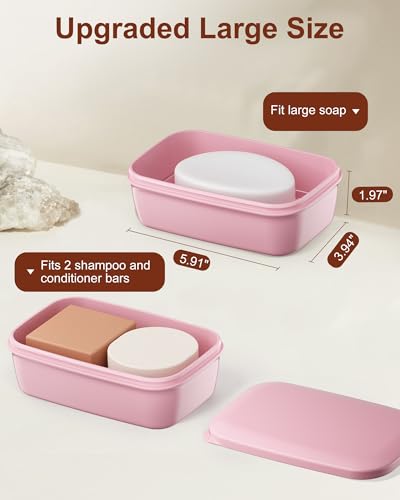 Quatish Leakproof Large Soap Dish with Lid & Draining Layer, Shatterproof Travel Bar Soap Holder Case Container, Portable Travel Size Toiletries Essentials for Camping, Gym, Bathroom, Pink - color: Pink, size: Large
