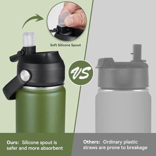 Fijinhom 18oz Insulated Stainless Steel Water Bottle, Wide Mouth Double Wall Vacuum, Silicone Straw, Sweat & Leak Proof, BPA Free Insulated Water Flask for Travel, Keep Cold 24h Hot 12h, Green - color: Green, size: 18 Ounces