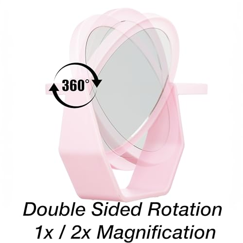 Premium Soft Touch Pink Rotating Makeup Mirror - 1x/2x Magnification - color: Pink, size: 7.2"L x 6.6"W