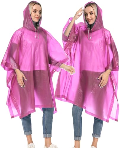 Reusable Rain Ponchos with Drawstring Hood for Adults, Waterproof Thicken Rain Coat, 2 Packs - color: A3_pink (2-pack)