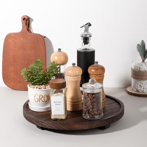 Round Decorative Tray Farmhouse Kitchen Decor Soap Dish, 12" Bark Brown | Waterproof, Lightweight, Easy Clean, Wood Riser Pedestal Stand Accessories for Office Desk, Vanity, Counter, Sink - color: Dark Brown, size: 12"