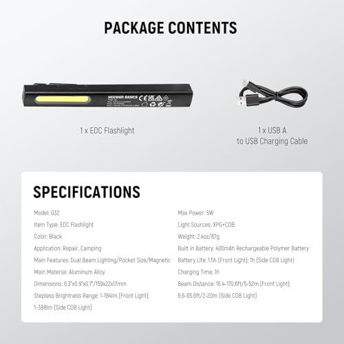 NEEWER BASICS 2 in 1 EDC Flashlight with Side COB Floodlight, 5W 388lm Mini Handheld Pocket LED Pen Flash Light with 400mAh Rechargeable Battery, Magnetic Clip On for Repair Camping Emergency Use, G32 - style: 2 in 1 EDC Flashlight