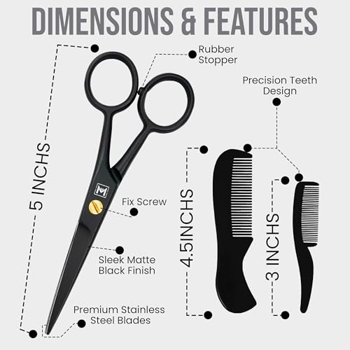 Beard & Mustache Scissors –5" Stainless Steel Grooming Kit with Case - color: Black