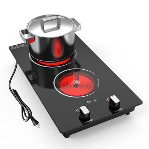 2 Burner Electric Cooktop, 2100W Electric Stove Top Hot Plate 12'' | Countertop Burner & Built-In Stove Top, 9 Levels of Power, Knob Control, Timer & Kid Safety Lock, Residual Heat Warning - size: Double Electric Cooktop