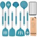 Silicone Cooking Utensils Set, 8 Pcs Kitchen Utensils with Holder, Blue | BPA Free and Heat Resistant, Kitchen Tools for Non Stick Cookware include Spatulas, Turners, Spoons, Skimmer and Pasta Fork - color: Blue
