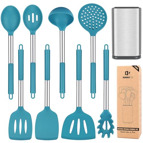 Silicone Cooking Utensils Set, 8 Pcs Kitchen Utensils with Holder, Blue | BPA Free and Heat Resistant, Kitchen Tools for Non Stick Cookware include Spatulas, Turners, Spoons, Skimmer and Pasta Fork - color: Blue