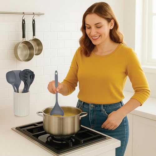 Glad Kitchen Utensils Set, 8pcs - Nonstick Cooking Tools with Utensil Holder - Nylon Spoon, Ladle, Skimmer, Spaghetti Server, and Turner Spatula Set - Dishwasher Safe, Grey - color: Gray, size: 8-piece Set