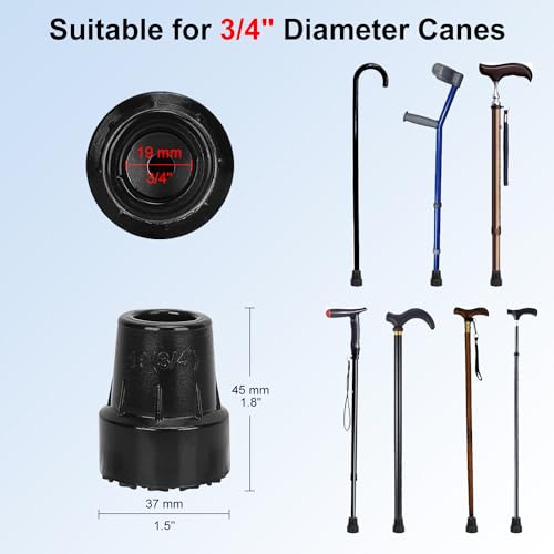 supregear Cane Tips (4-Pack), 3/4 Inch Replacement Feet Caps for Most Walking Canes, Walking Sticks and Folding Canes, Anti-Slip Crutch Tips with Metal Washer for Support, Black